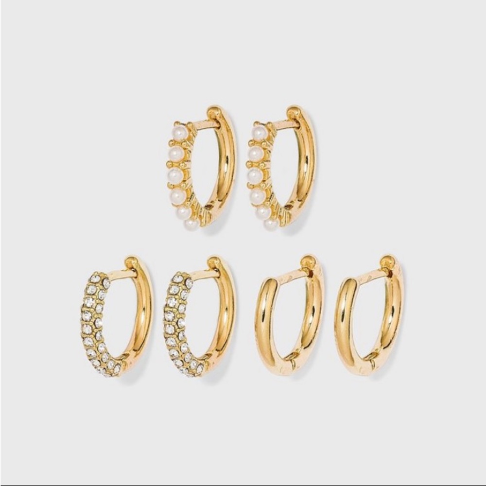 Sugarfix By Baublebar Crystal Gold and Pearl Hoop Earring Set 3pc - BRAN…